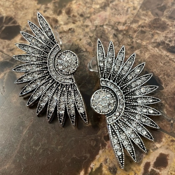 Silver Rhinestone Fan Designer Earrings - Picture 9 of 10